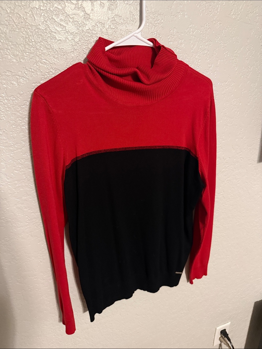 Calvin Klein Red and Black Colorblock Turtleneck Sweater